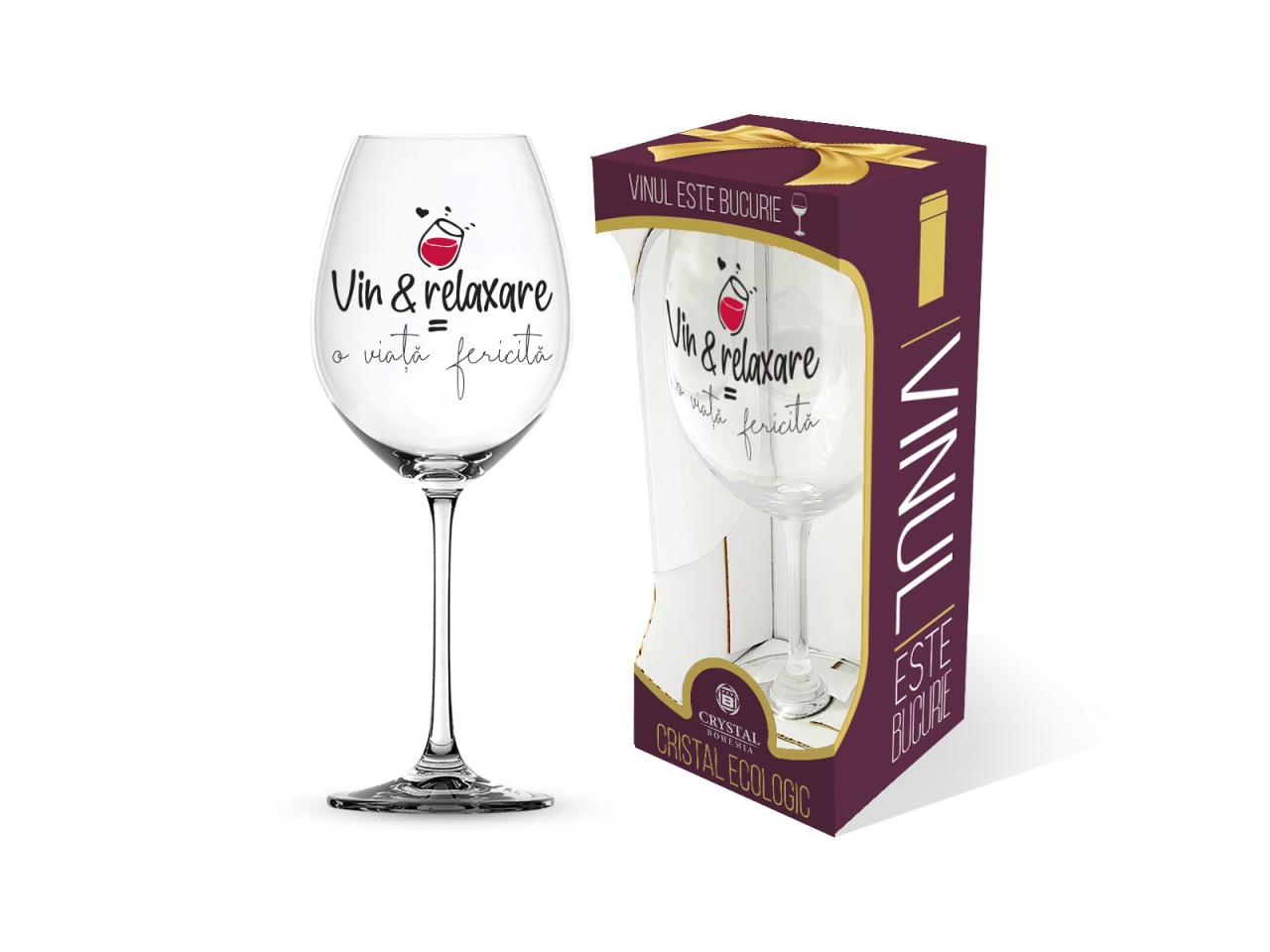 Pahar pentru vin, mesaj amuzant "Vin & relaxare = o viață fericită"