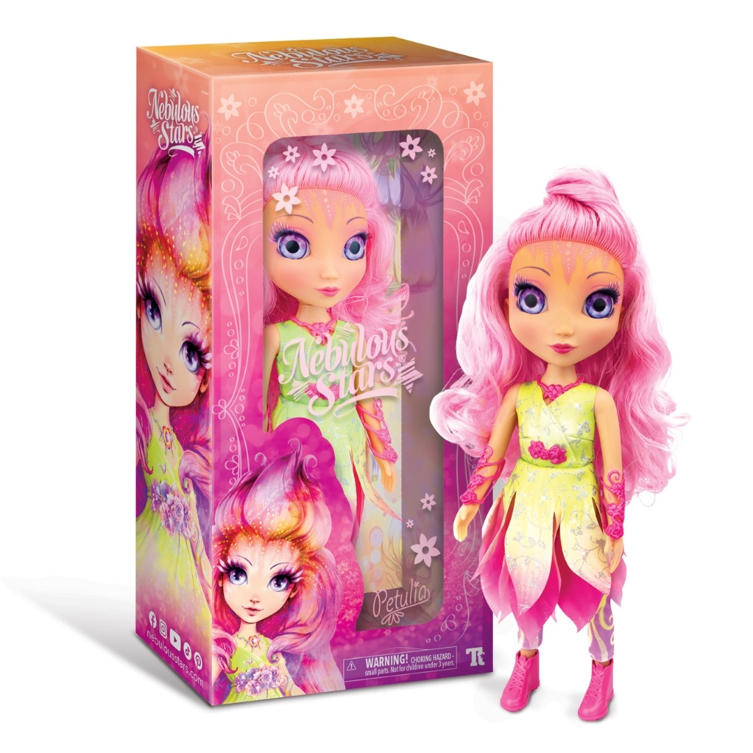 Păpușă de colecție, Nebulous Star, personaj Petulia, cu păr roz și accesorii magice, 38 cm