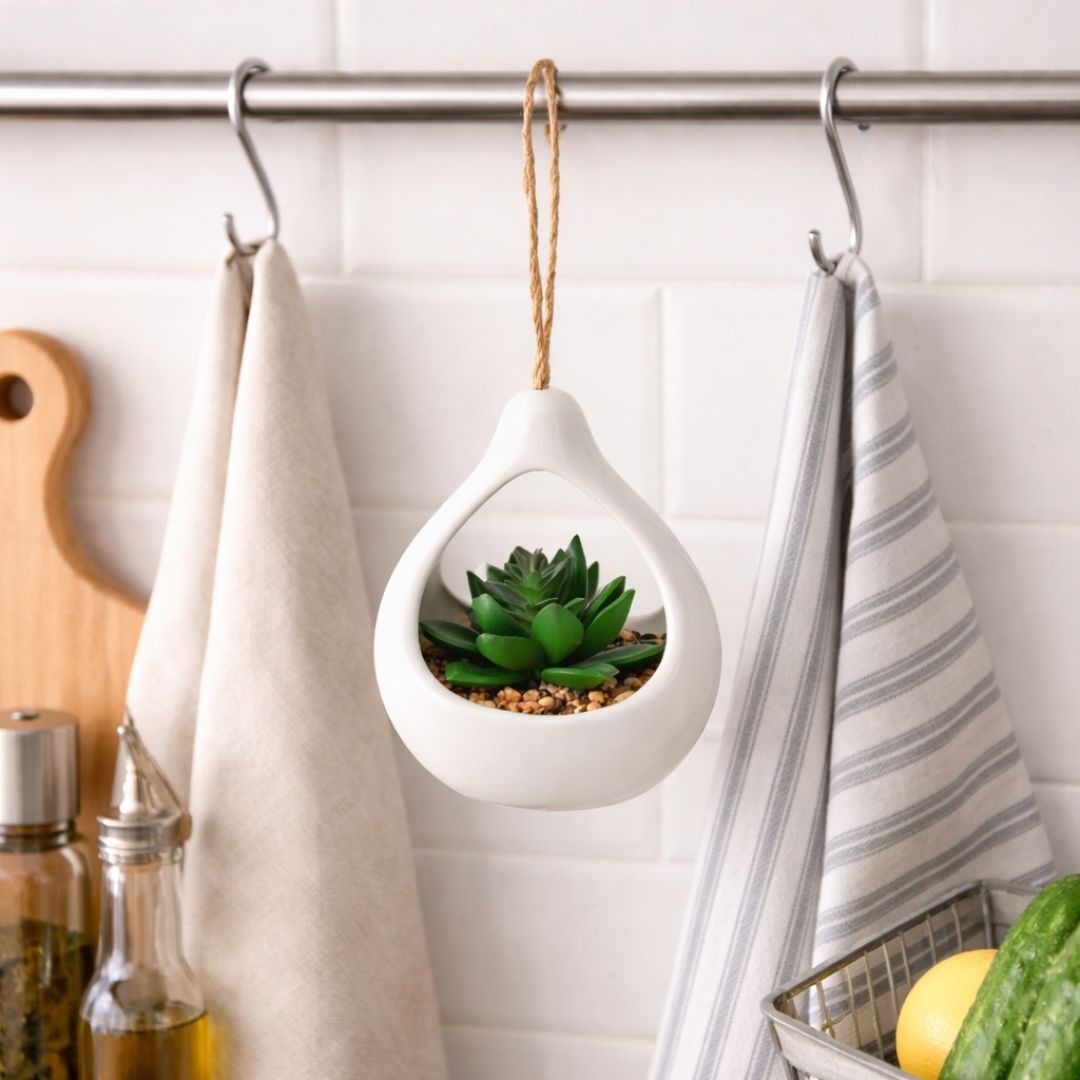 Plantă artificială Suculentă , în suport ceramic alb tip picătură, 14 cm, cu agatatoare din sfoară