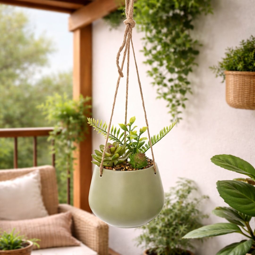 Plantă artificială suspendată cu mix de suculente, în ghiveci ceramic verde 16 cm, cu agățătoare din sfoară