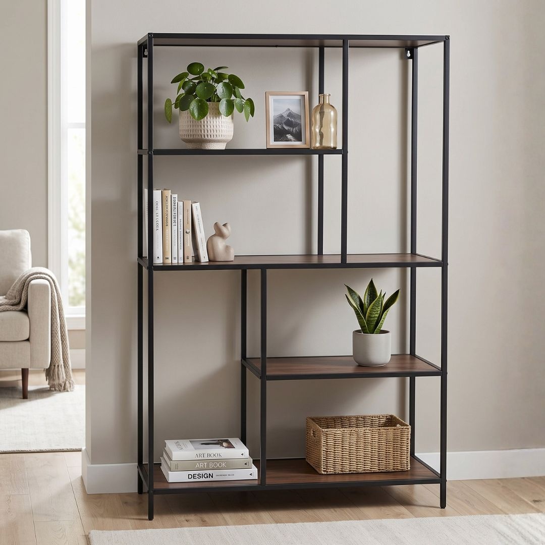 Raft cu 4 polițe, structură metalică și MDF, maro/negru, 76x30x116 cm