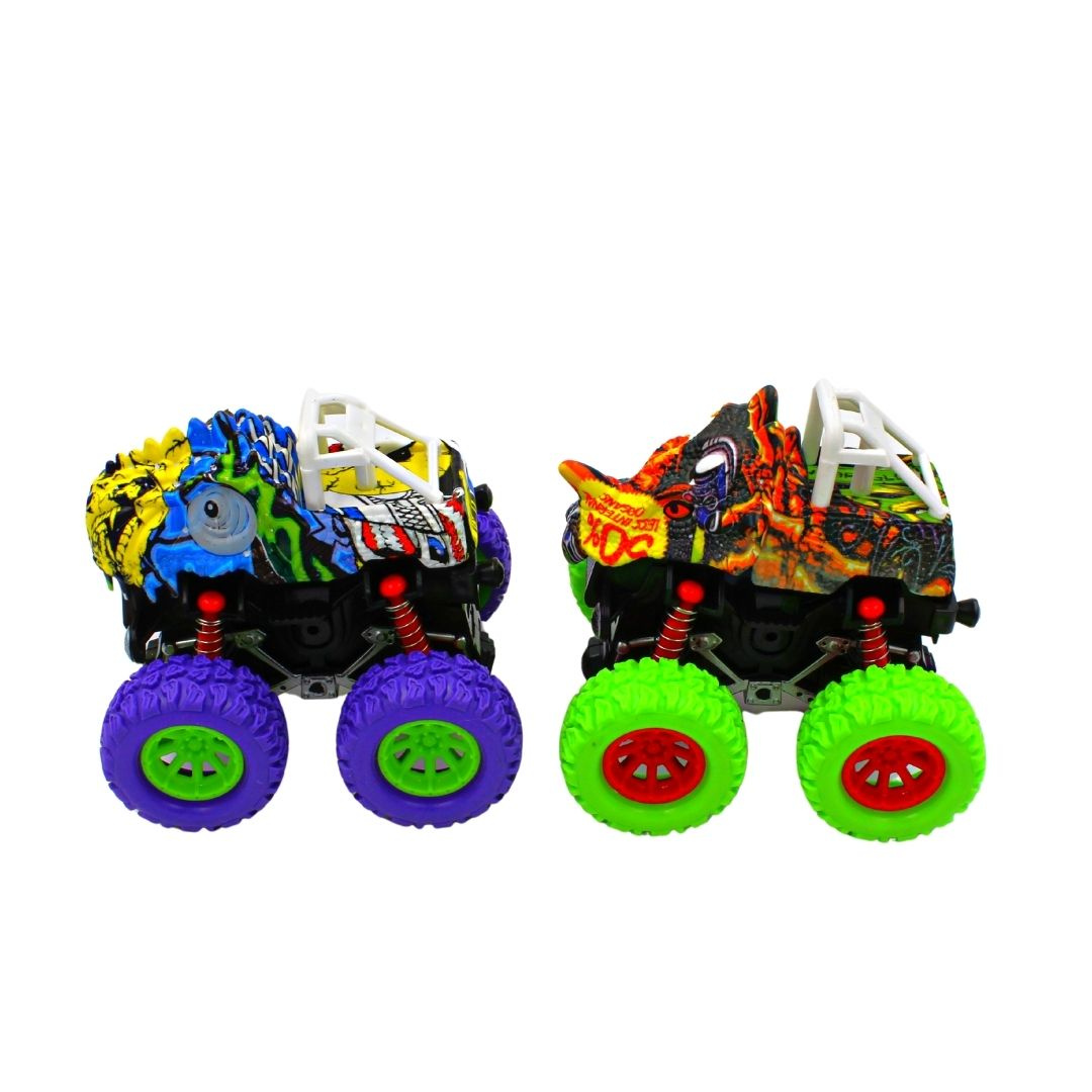 Set 2 Mașinuțe Monster Truck, Crazy Fiction, Design Dino, Multicolor, Roti Oversized, Mecanism Pull-Back, 9x9 cm