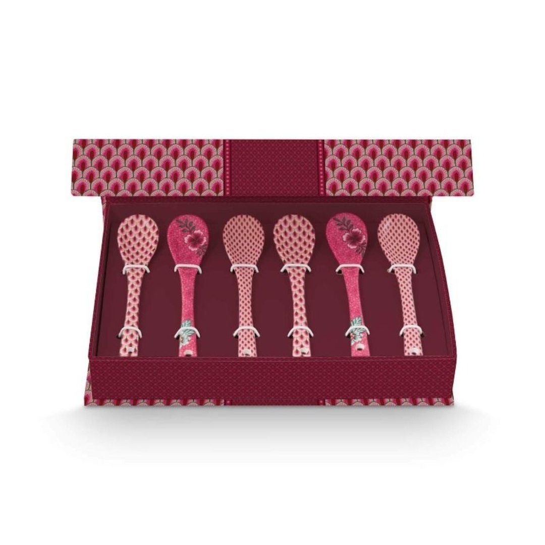 Set 6 lingurițe, din porțelan, Pip Studio, Dark Pink, 13 cm, colecția Flower Festival