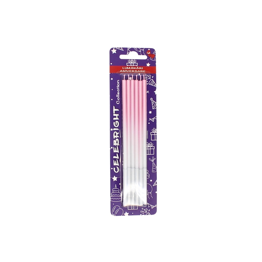 Set 6 lumânări pentru tort, Celebright, roz degrade, bază albă, 15 cm