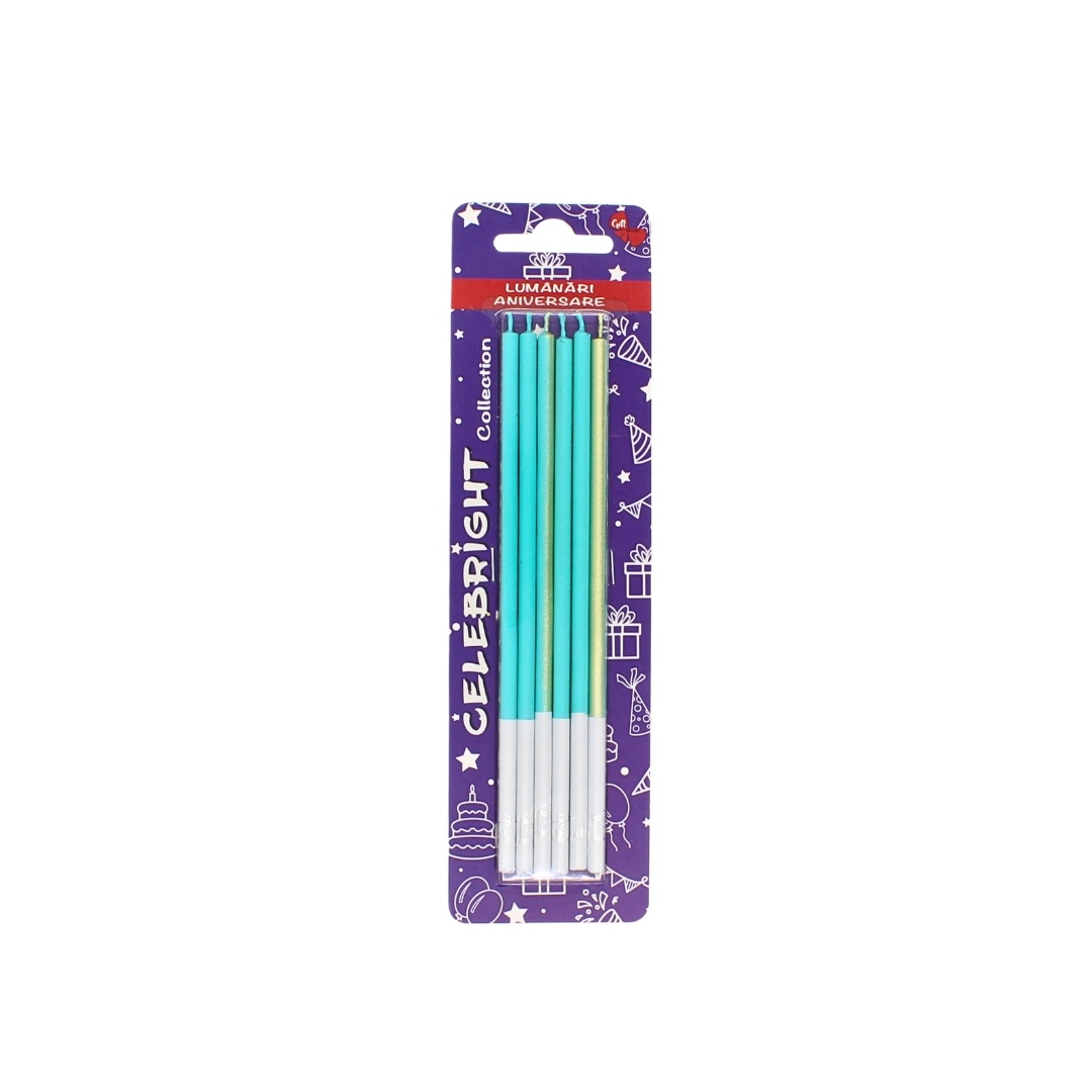 Set 6 lumânări pentru tort, Celebright, turcoaz-auriu, bază albă, 15 cm