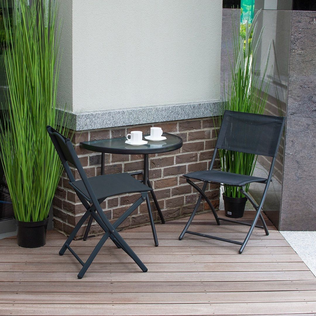 Set mobilier de grădină 3 piese Jumi – masă semicirculară cu blat din sticlă și 2 scaune pliabile
