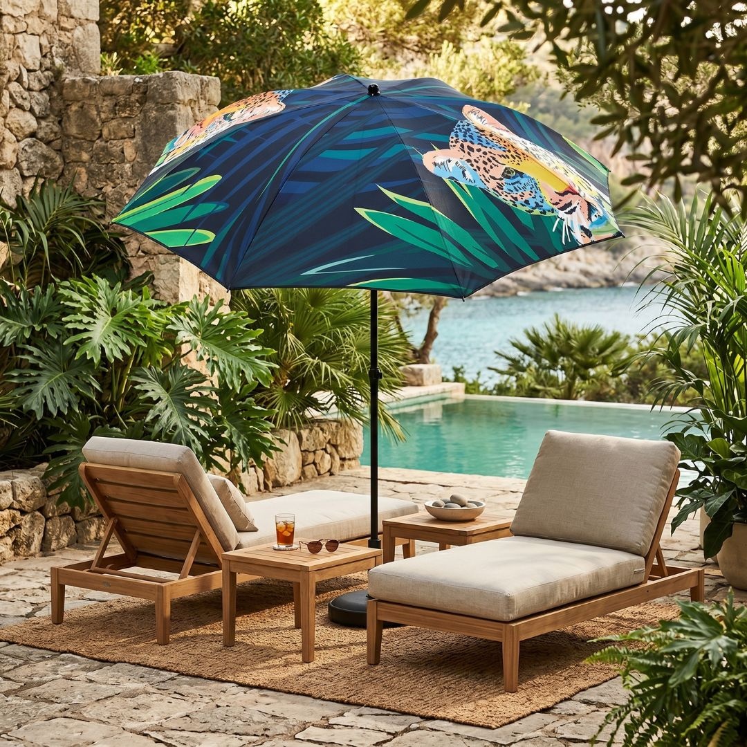 Umbrelă de plajă, Jumi, model leopard cu frunze tropicale, 200 cm