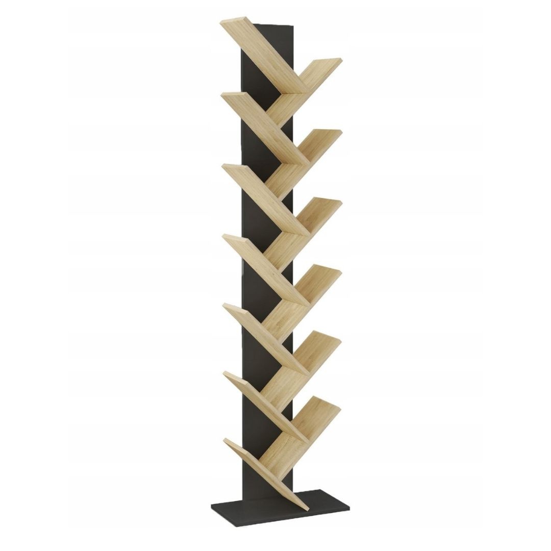 Bibliotecă verticală JUMI, 222x50x24 cm, MDF negru-stejar, tip arbore pentru cărți și decorațiuni