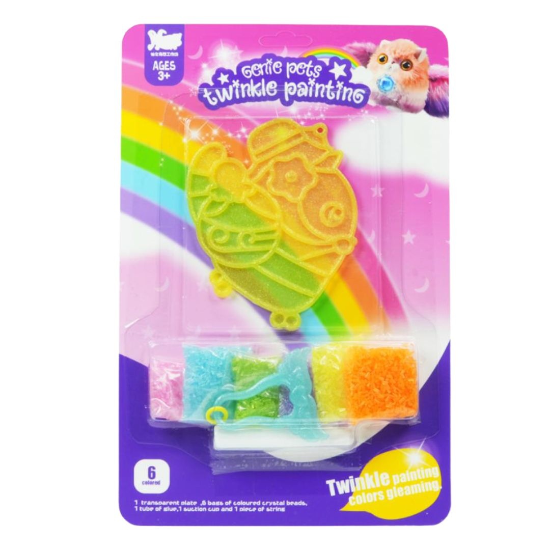 Breloc DIY Genie Pets, model Vrăbiuță – pictură cu cristale colorate, Activitate creativă pentru copii 3+, Whimsy Workshop