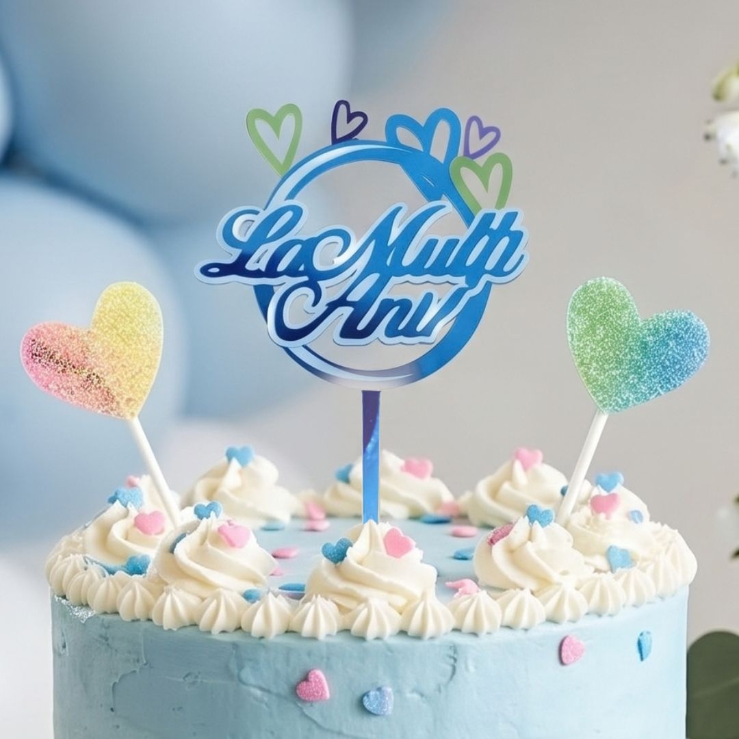 Cake Topper pentru tort cu mesaj La multi ani, cerc albastru și inimioare