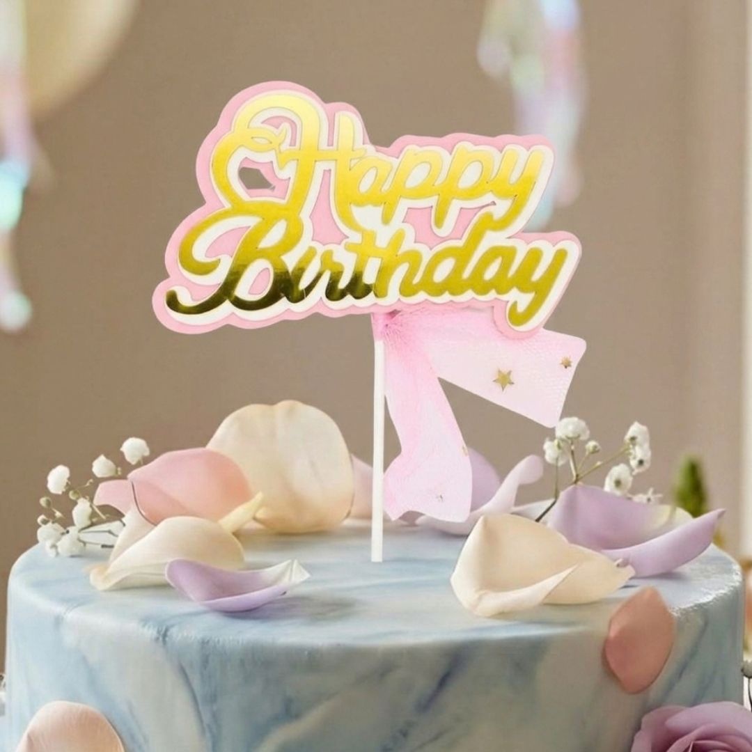 Cake Topper pentru tort model Happy Birthday cu fundiță roz