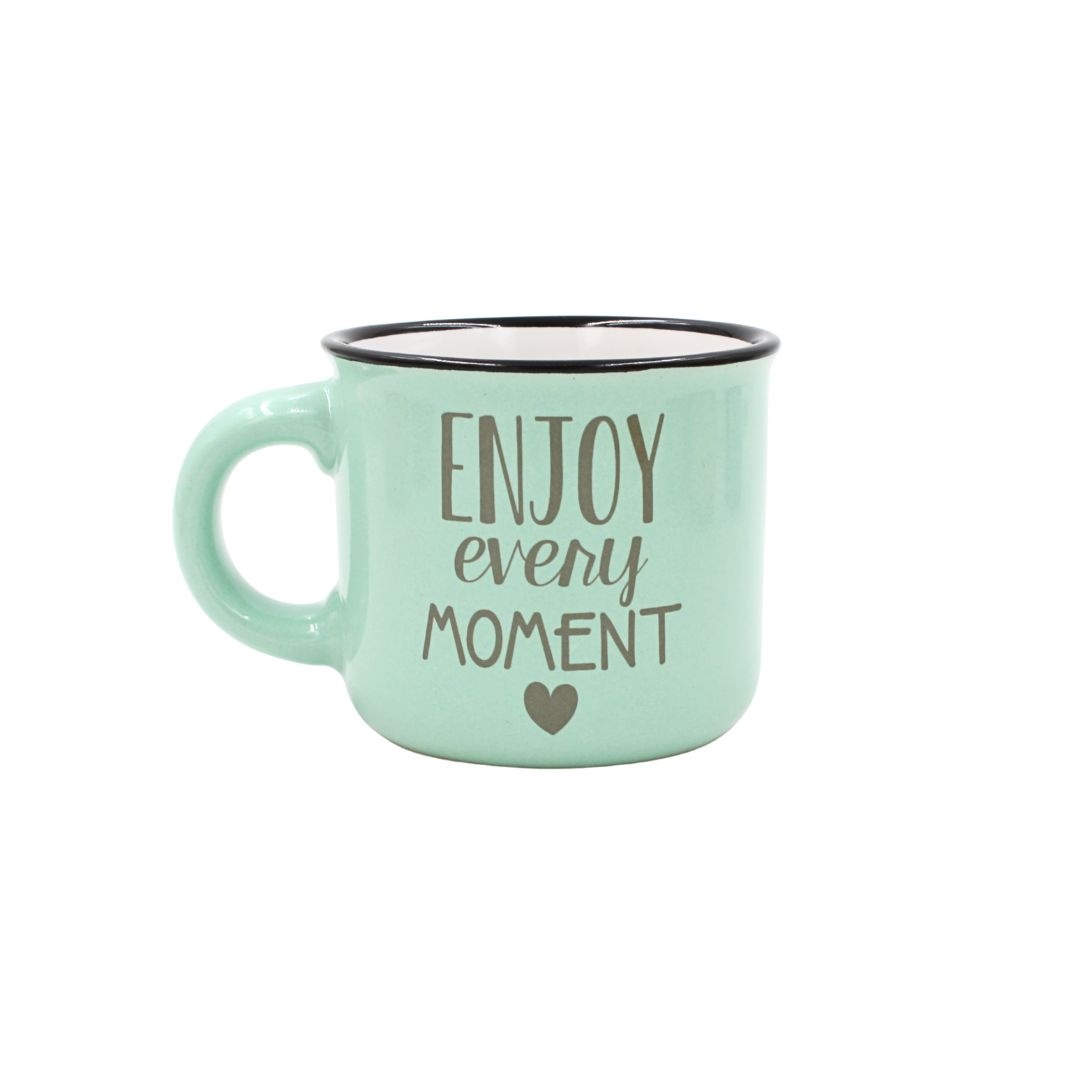 Cană cafea espresso Nekupto 80 ml, ceramică, verde, mesajul „Enjoy every moment”