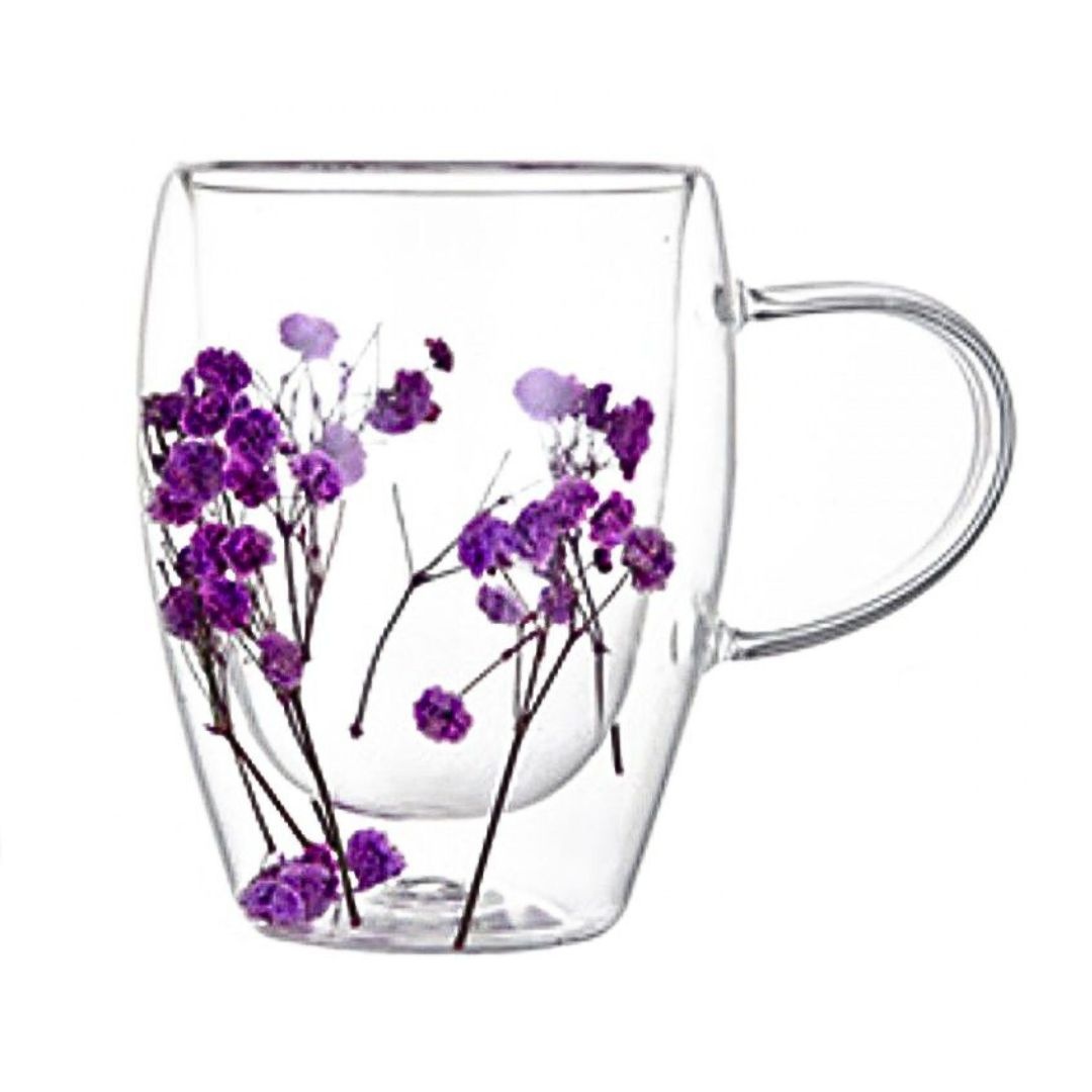 Cană cu flori uscate mov, pereți dubli, sticlă borosilicată, 300 ml