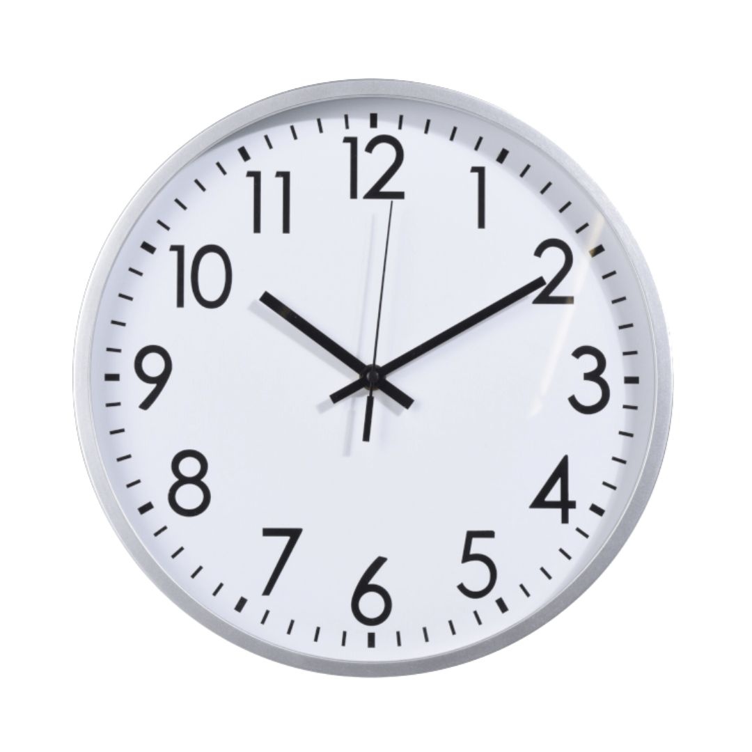 Ceas de perete alb cu cadru gri și cifre negre, 30 cm, design modern
