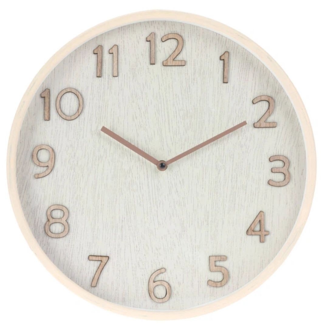 Ceas decorativ de perete, cu aspect de lemn natur și cifre reliefate, 38 cm, design modern