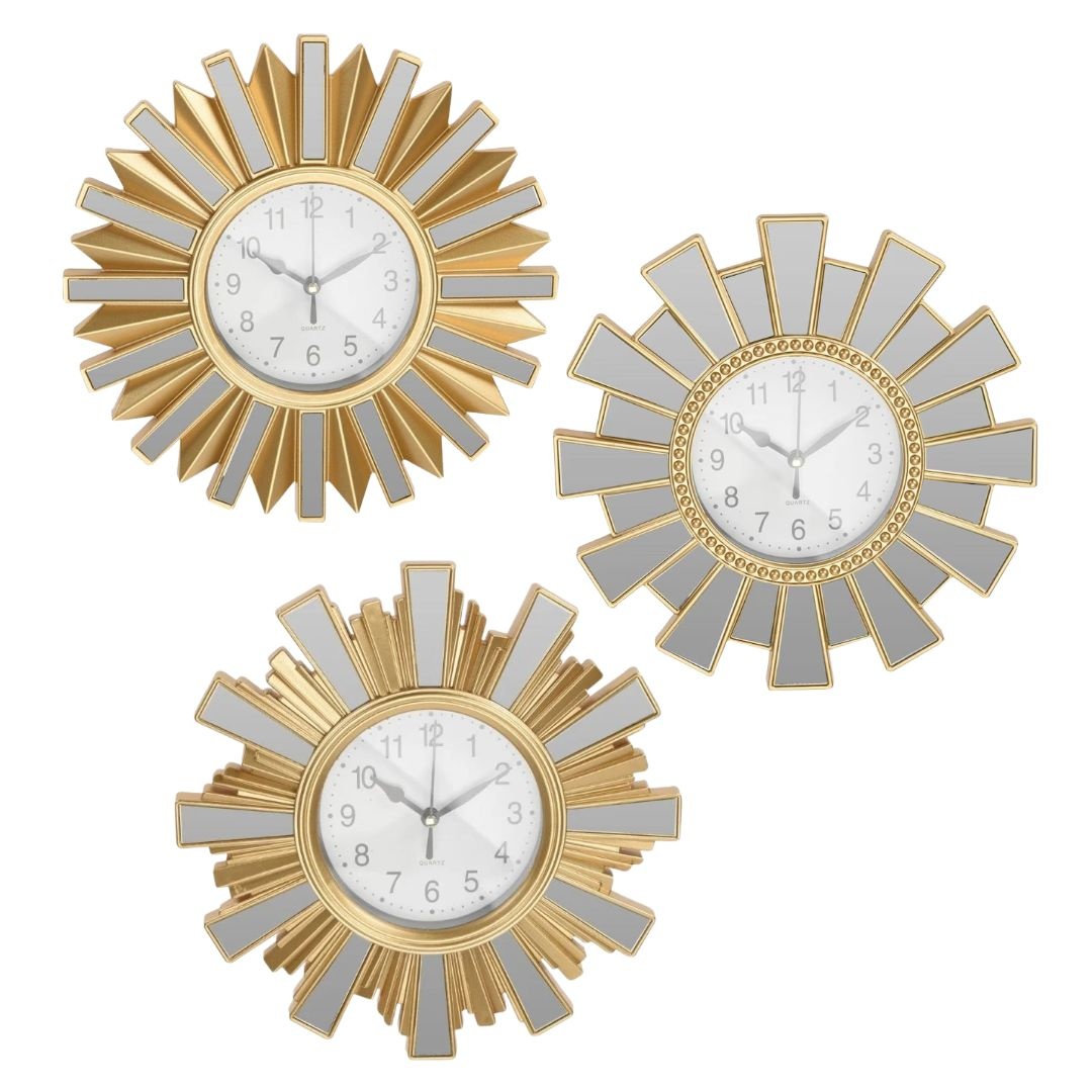 Ceas decorativ Koopman, în formă de soare, auriu cu accente de oglindă, mecanism Quartz