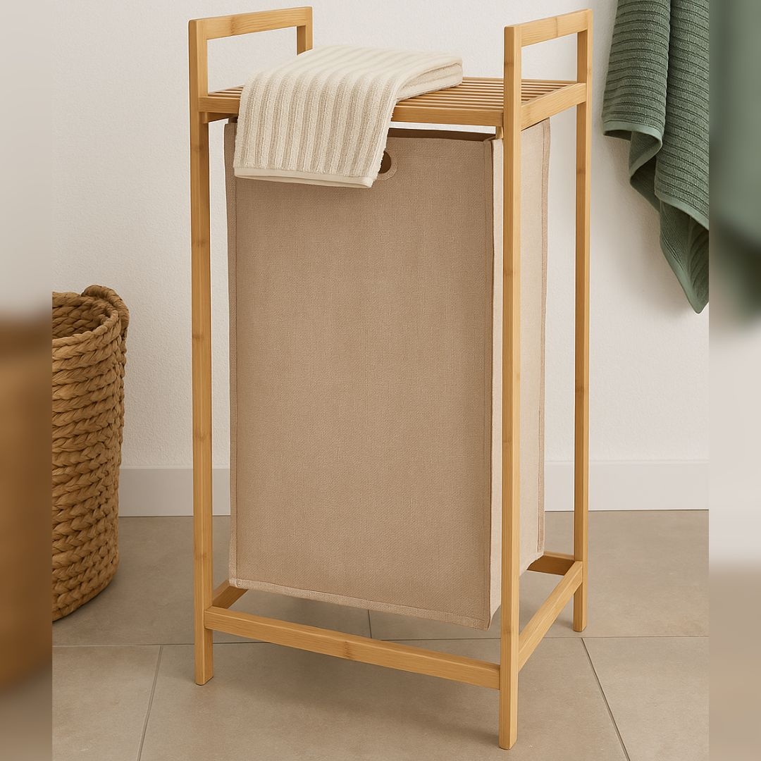 Coș de Rufe Bambus cu Husă Textilă – 33x33x73 cm – Bathroom Solutions
