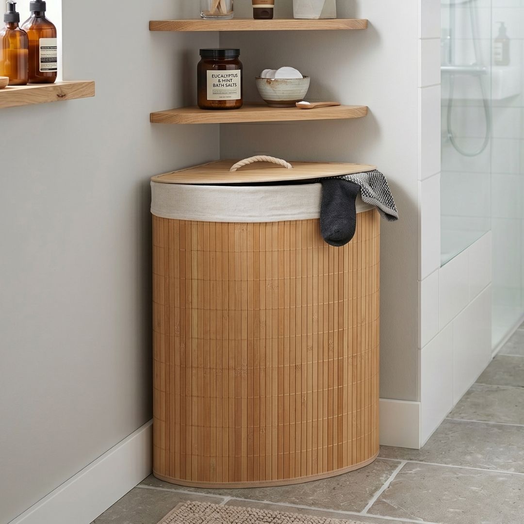 Coș de rufe din bambus, formă triunghiulară, cu capac – Excellent Houseware, 35×35×60 cm
