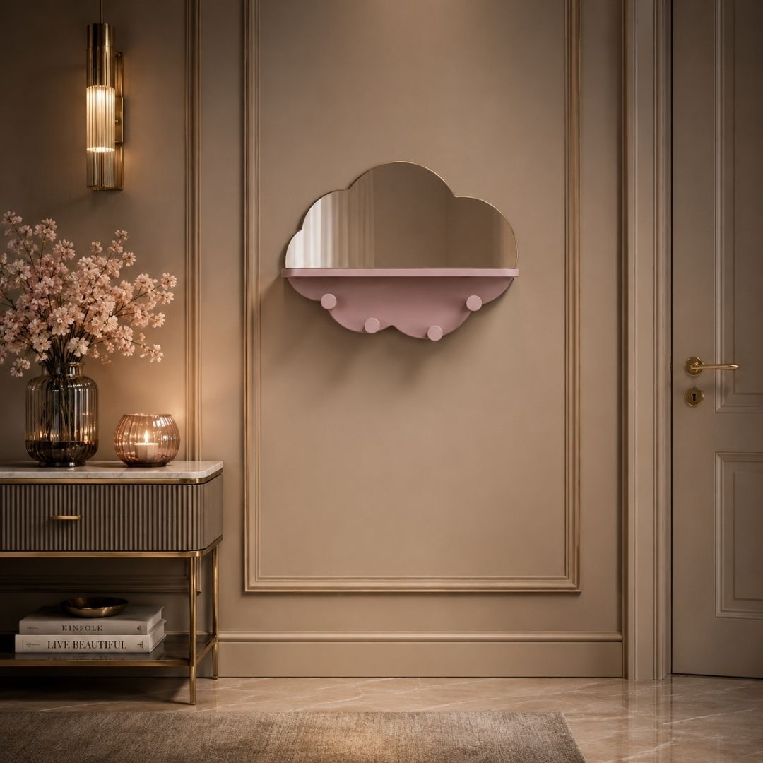 Cuier cu oglindă MDF roz 39x28cm