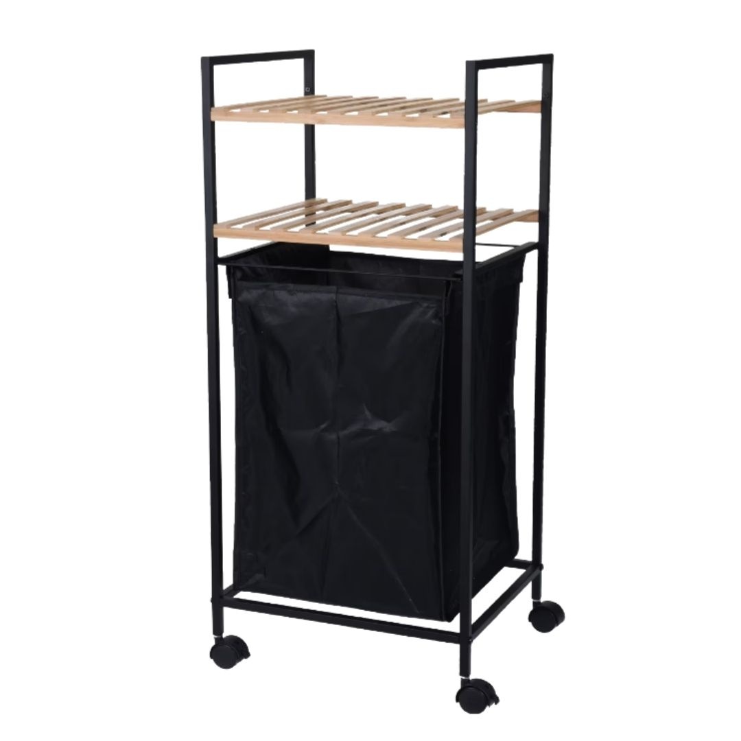 Etajeră de baie mobilă cu coș pentru rufe, cadru metalic negru și polițe din bambus 38x32,5x89.5 cm