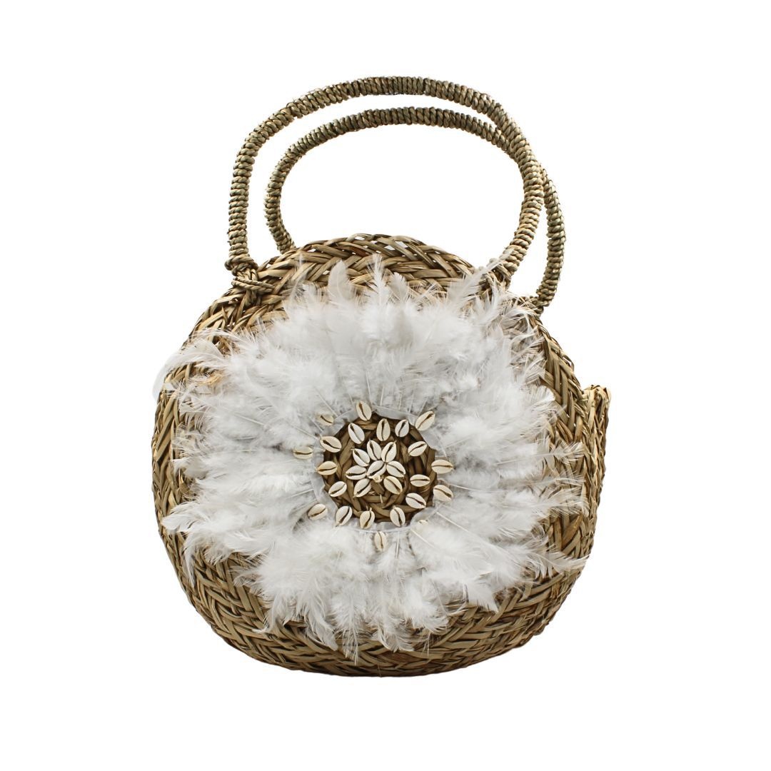 Geantă Boho din Fibre Naturale cu Scoici și Pene – Hoff Interieur, alb