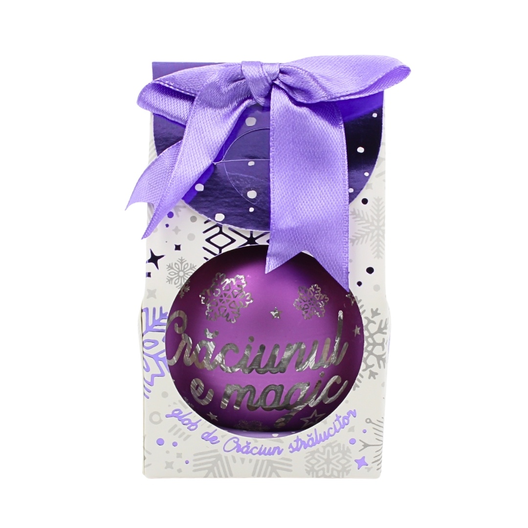 Glob de Crăciun, cu led, culoarea mov, mesaj „Crăciunul e magic"