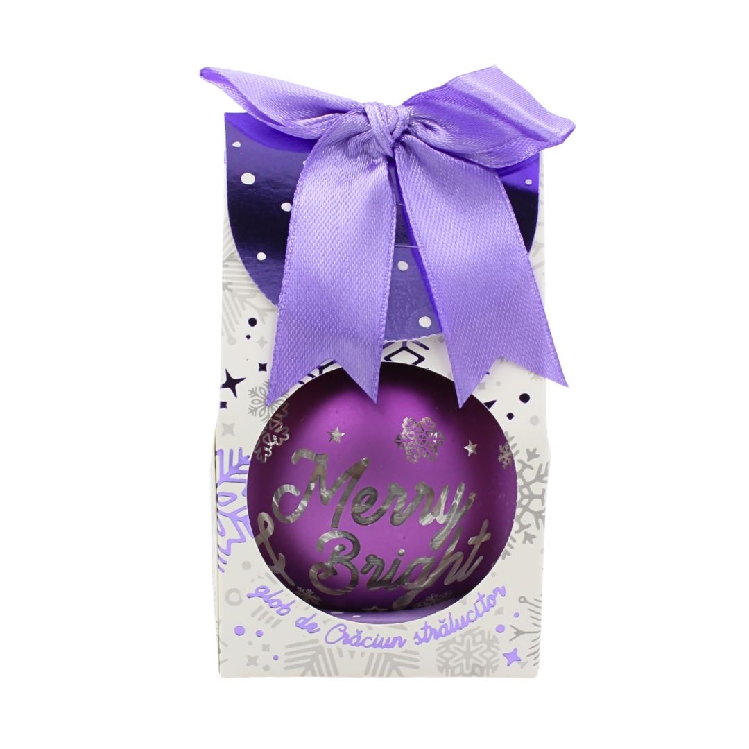 Glob de Crăciun, cu led, culoarea mov, mesaj „Merry & Bright"