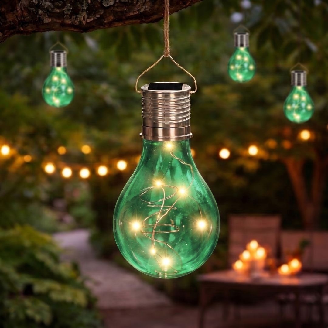 Lampă solară în formă de bec verde transparent, LED, pentru grădină,…
