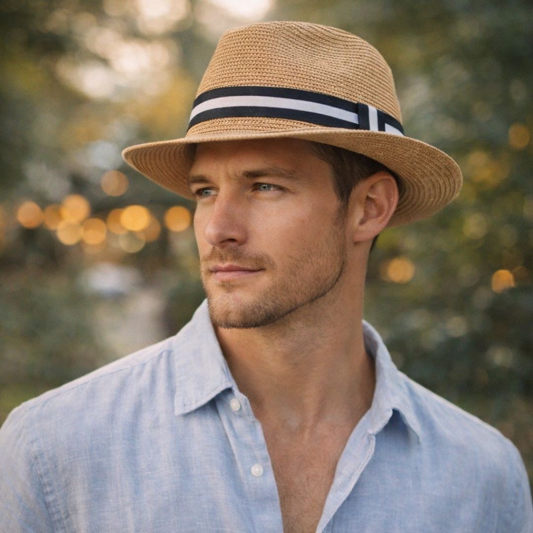 Pălărie de plajă bărbați Aristo, bej, stil fedora, bandă neagră decorativă, ușoară, respirabilă, diametru 27 cm