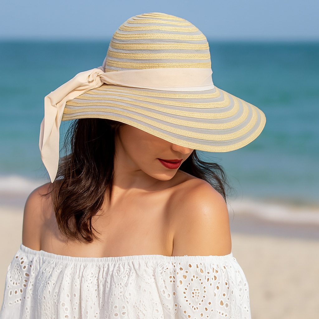 Pălărie de plajă damă Tiara, bej cu dungi transparente, fundă elegantă, boruri largi, ușoară și respirabilă, protecție solară, diametru 36 cm