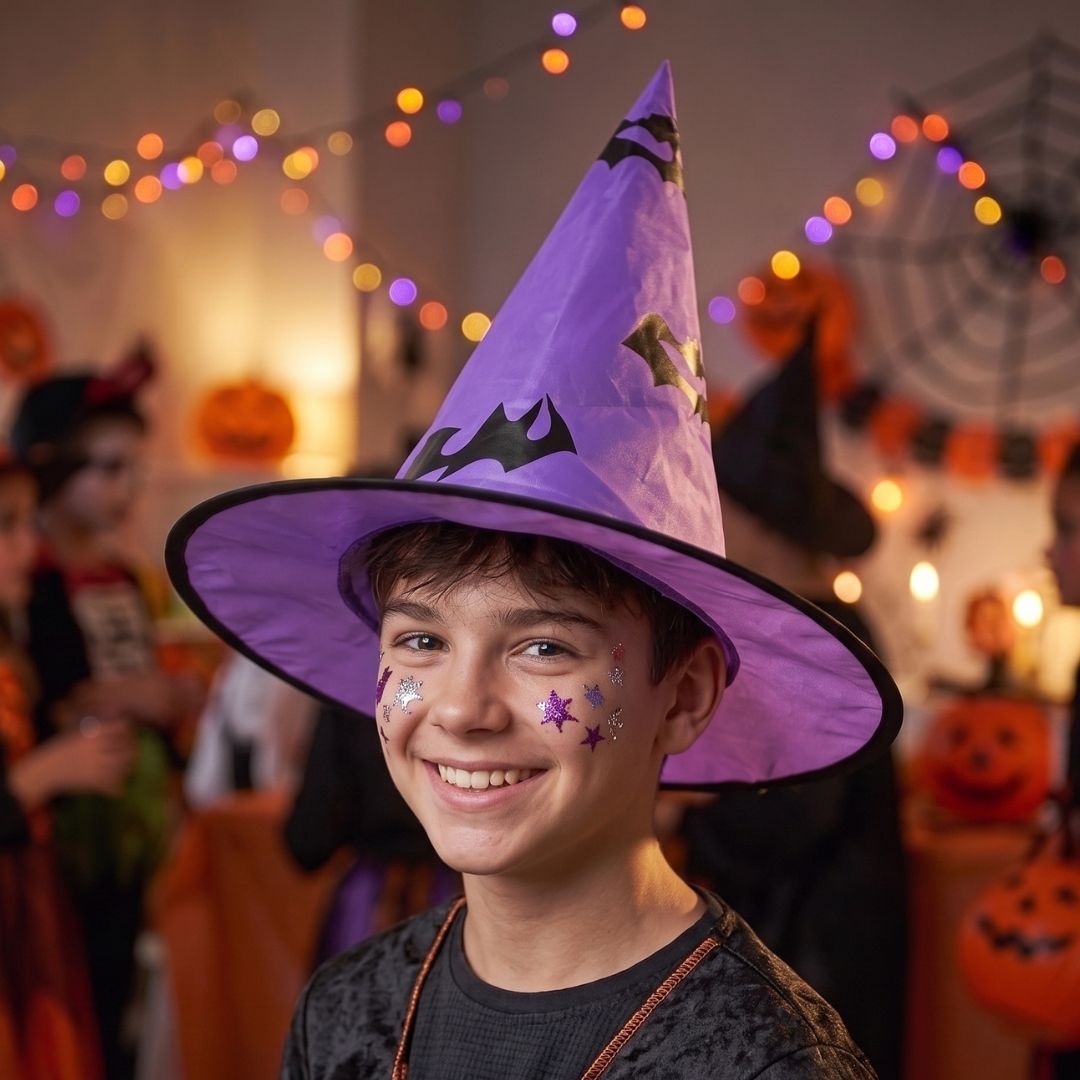 Pălărie de vrăjitoare, pentru Halloween, cu lilieci, culoarea mov