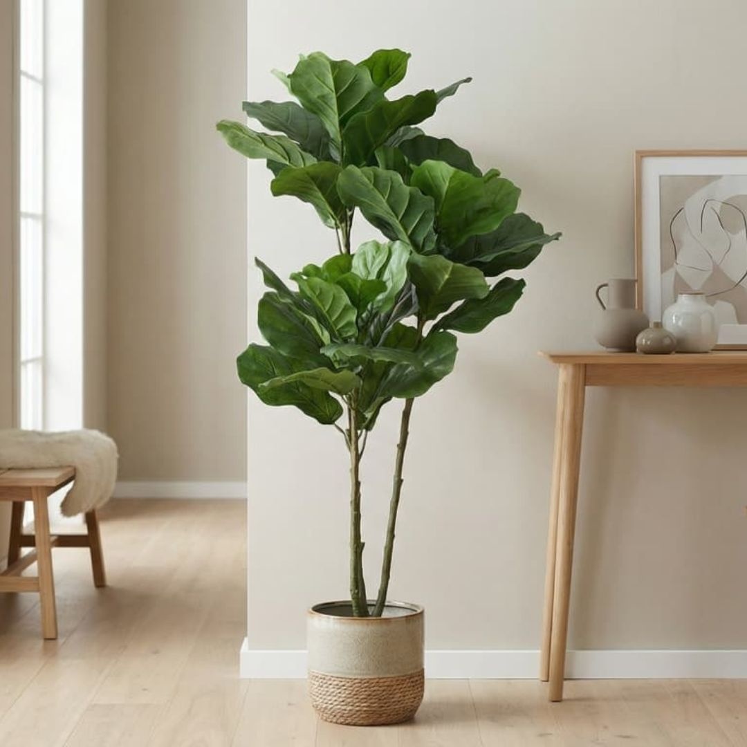 Plantă artificială ficus lyrata 128 cm, bogată în frunze, aspect realist, pentru interior, ghiveci negru inclus