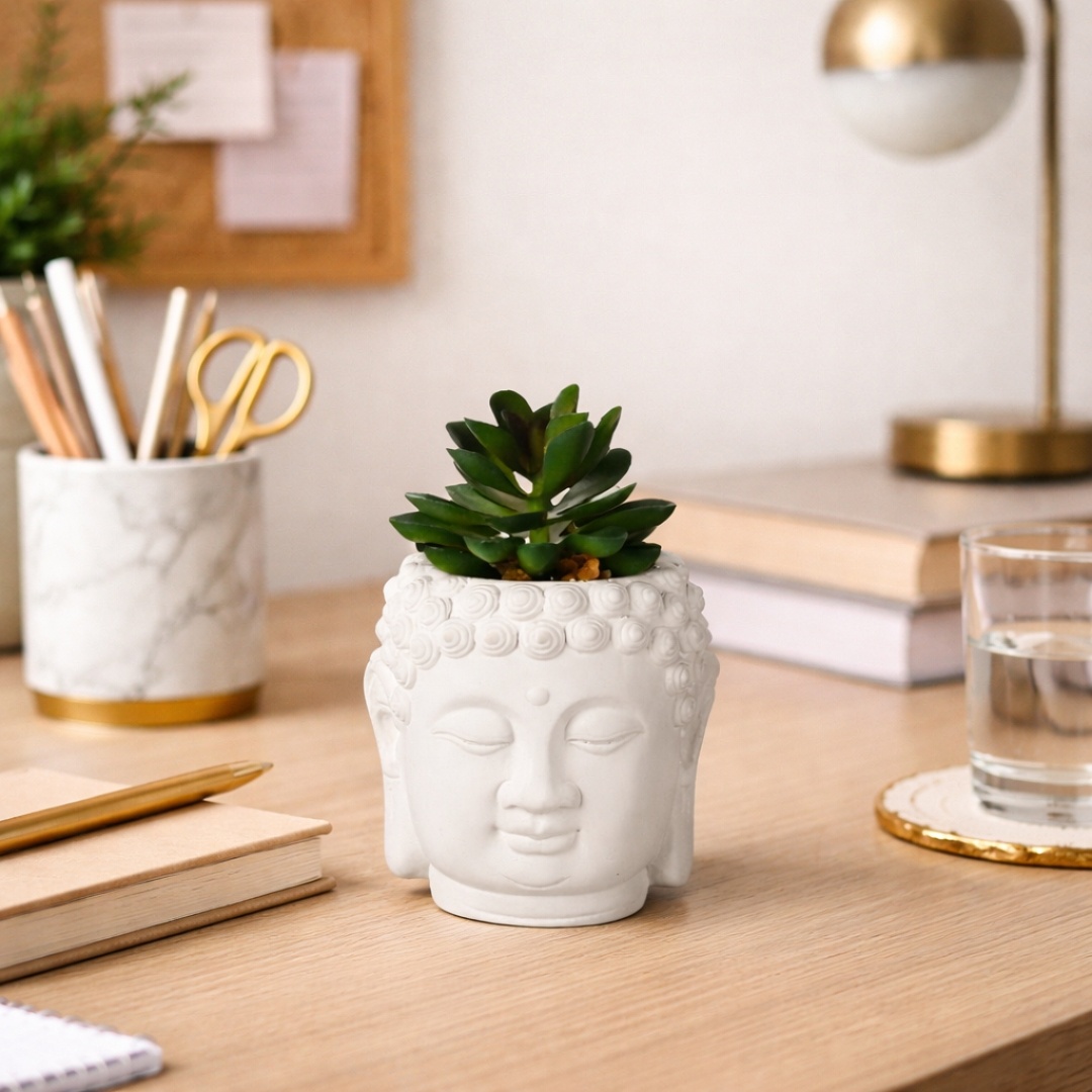 Plantă artificială Suculentă în ghiveci de ciment 12.5 cm, formă de statuetă cap Buddha, alb cu verde