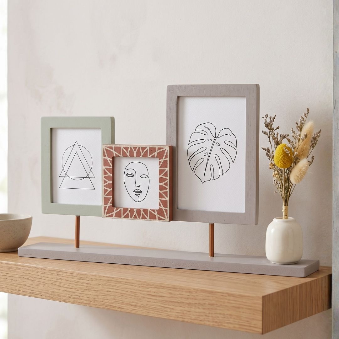 Ramă foto decorativă, cu vază, colaj pentru 3 poze, culoare roz