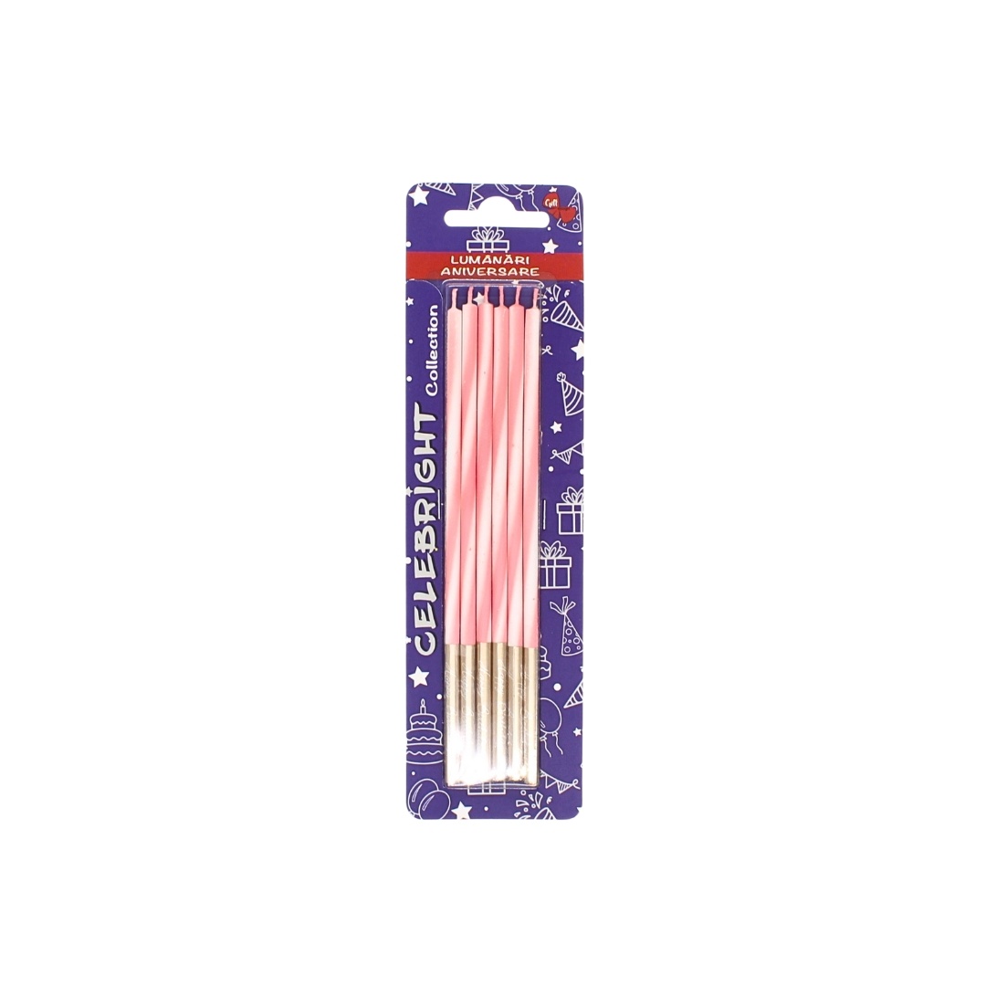 Set 6 lumânări pentru tort, Celebright, alb-roz, bază aurie, 15 cm