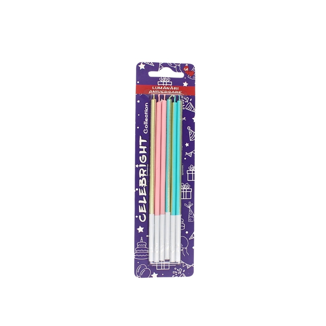 Set 6 lumânări pentru tort, Celebright, turcoaz-roz-auriu, bază albă, 15 cm