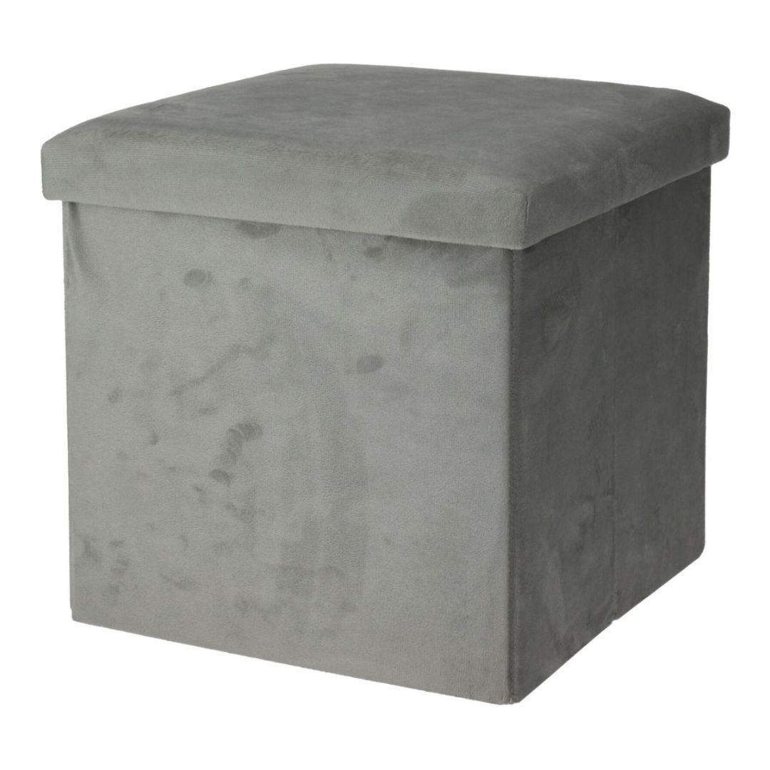 Taburet pliabil catifelat cu spațiu de depozitare - Storage Solutions®, tip cutie, otoman, culoare gri, 38x38x38 cm