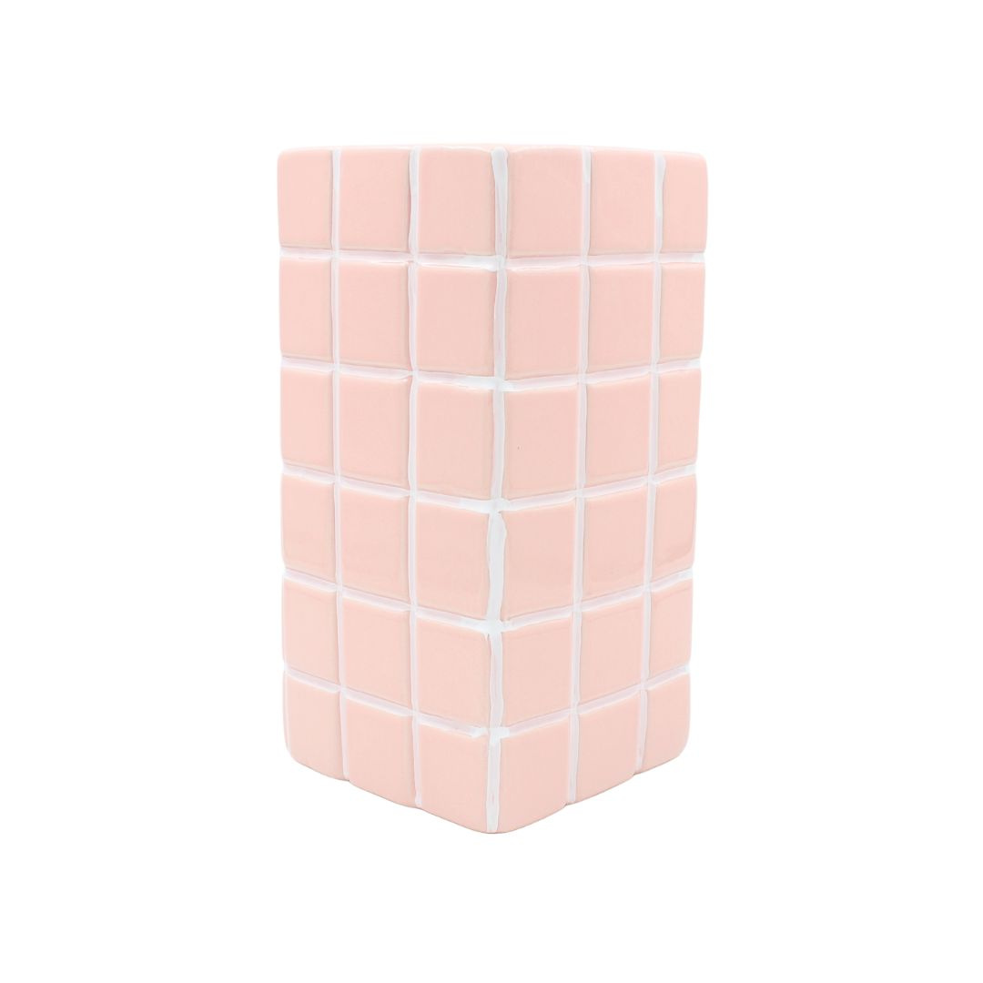 Vază ceramică model pătrățele 20x10.5 cm somon