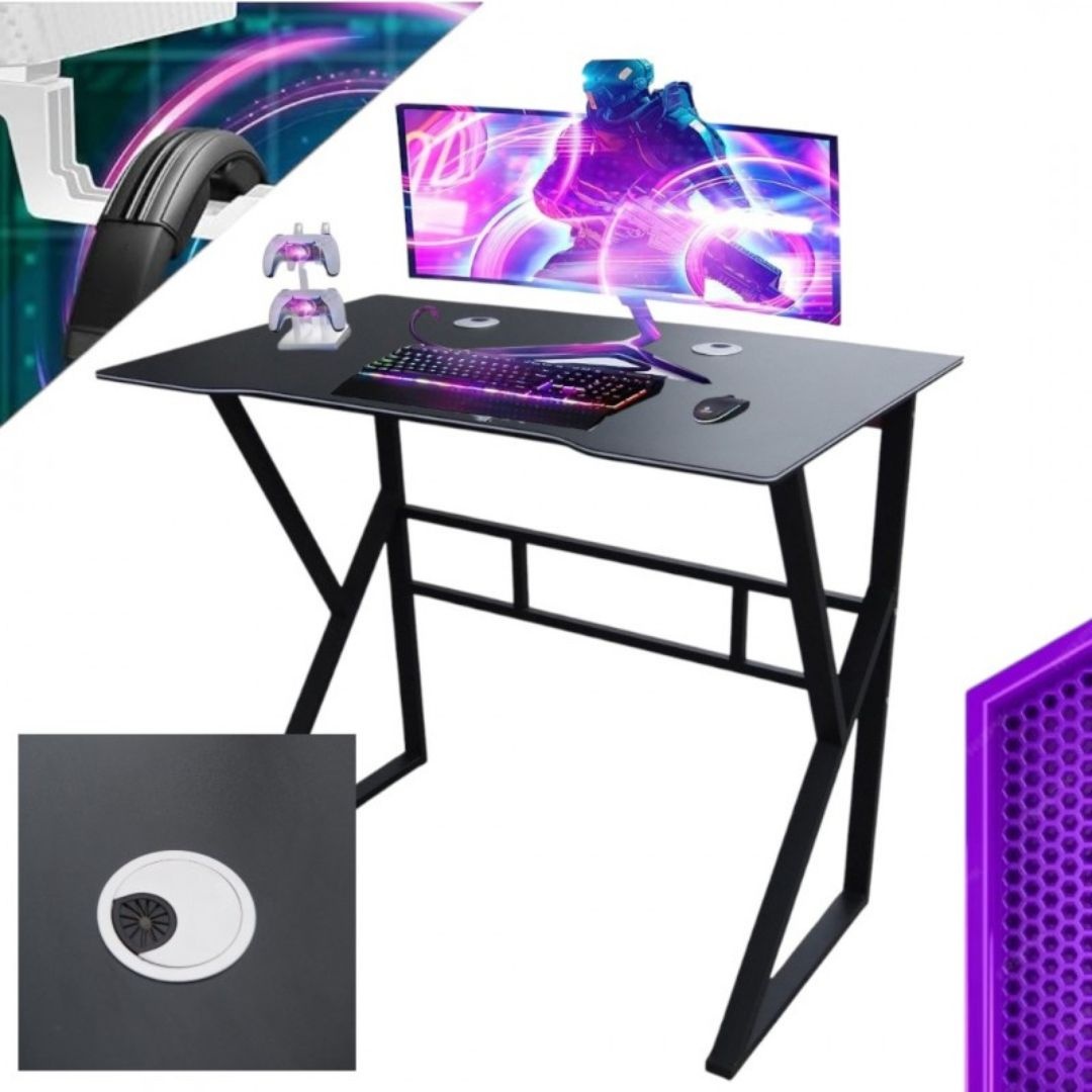 Birou Gaming, cadru metalic, blat neted cu orificii pentru cabluri,…