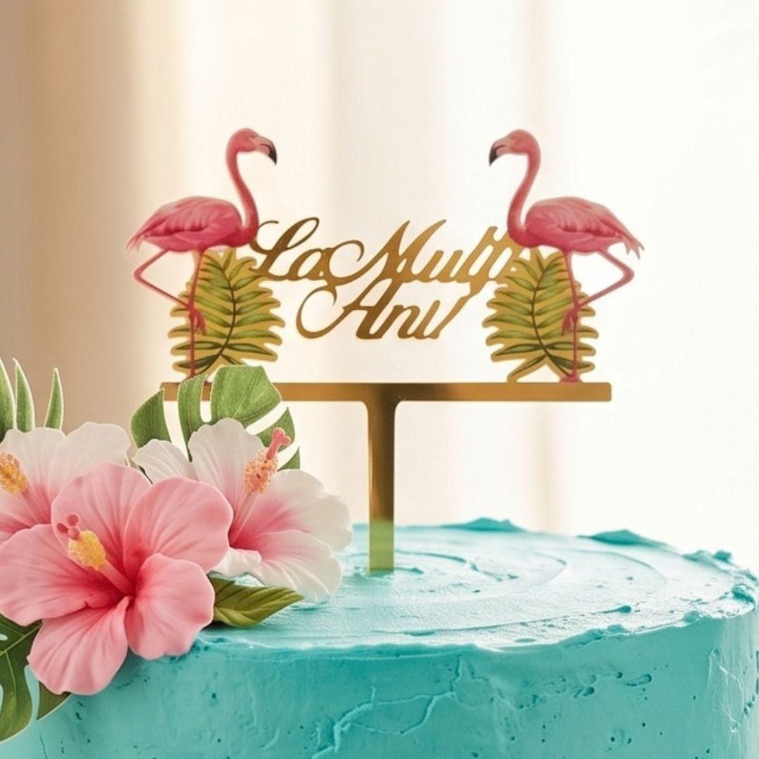 Cake Topper pentru tort cu mesaj La Mulți Ani și 2 Flamingo