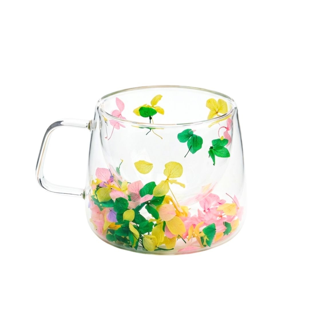 Cană cu inserție de flori uscate, hortensie galben, verde și roz, pereți dubli, sticlă borosilicată, 200 ml, Aurora Bloom