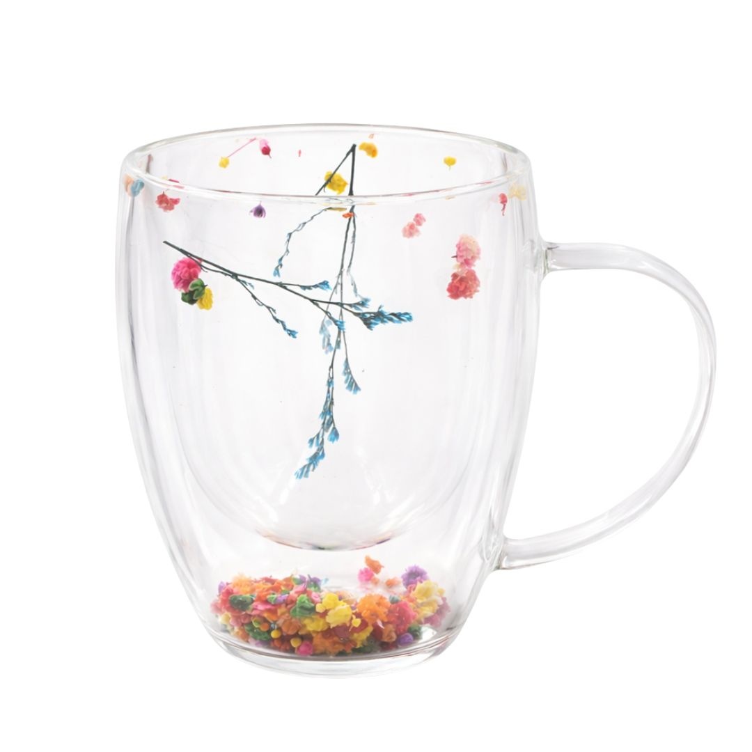 Cană cu inserție de flori uscate multicolor, floarea miresei, pereți dubli, sticlă borosilicată, 350 ml, Aurora Bloom