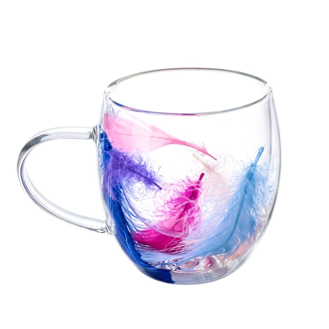 Cană cu inserție de pene mov, roz, albastru și alb, pereți dubli, sticlă borosilicată, 250 ml, Aurora Bloom