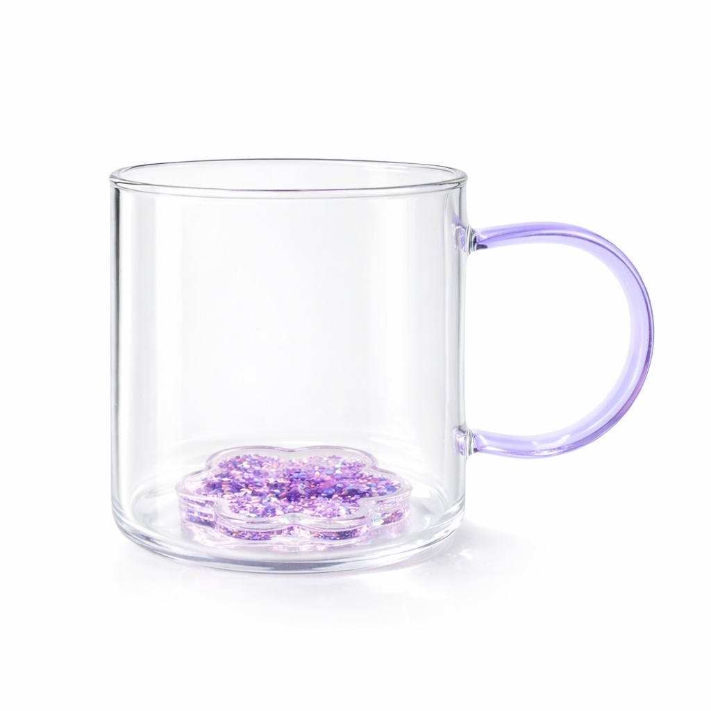 Cană cu model 3D floare mov, pereți dubli, sticlă borosilicată și inserție de sclipici, 300 ml, Aurora Glow