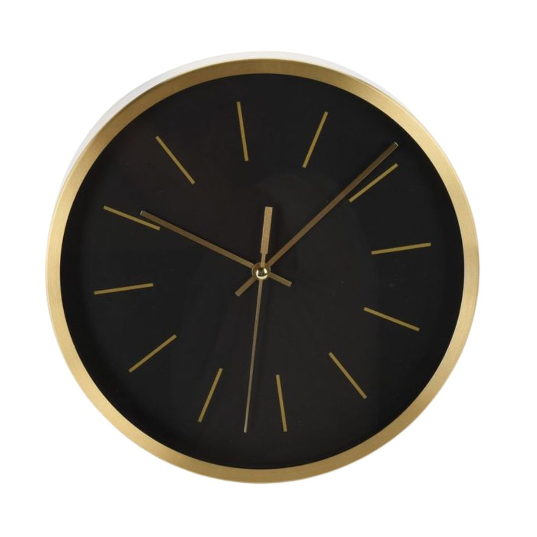 Ceas de perete, negru cu auriu, din aluminiu, 25 cm
