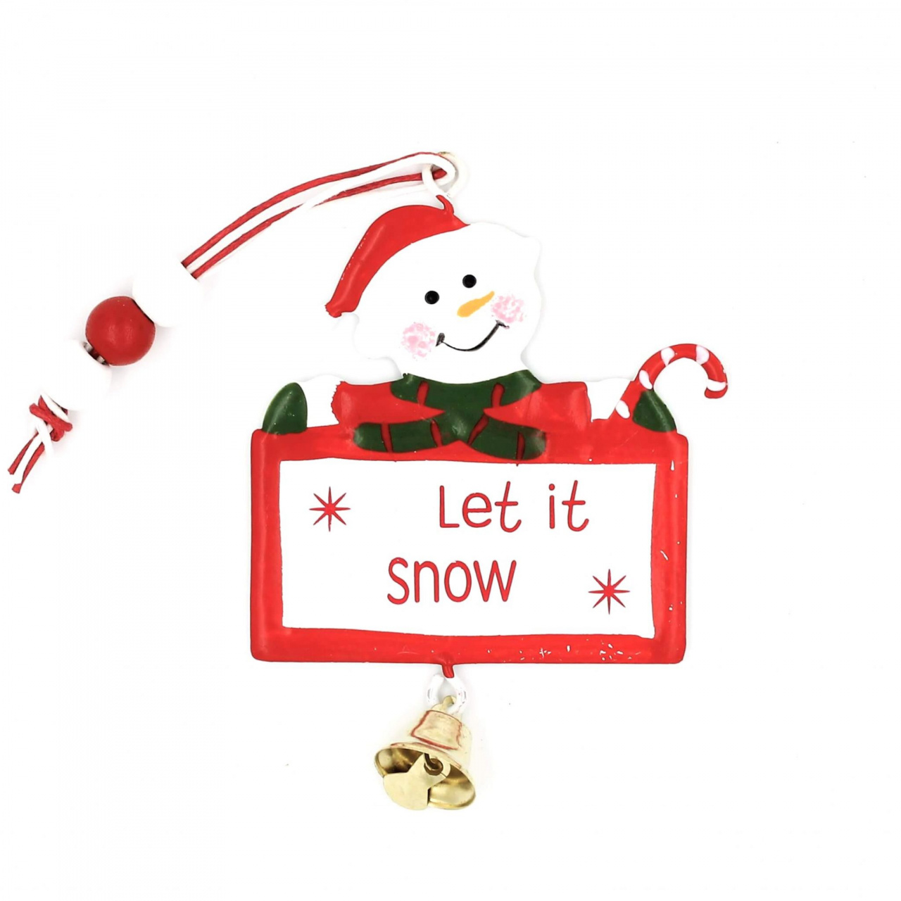Decorațiune alb cu roșu, din metal, om de zăpadă, cu clopoțel - Let it snow