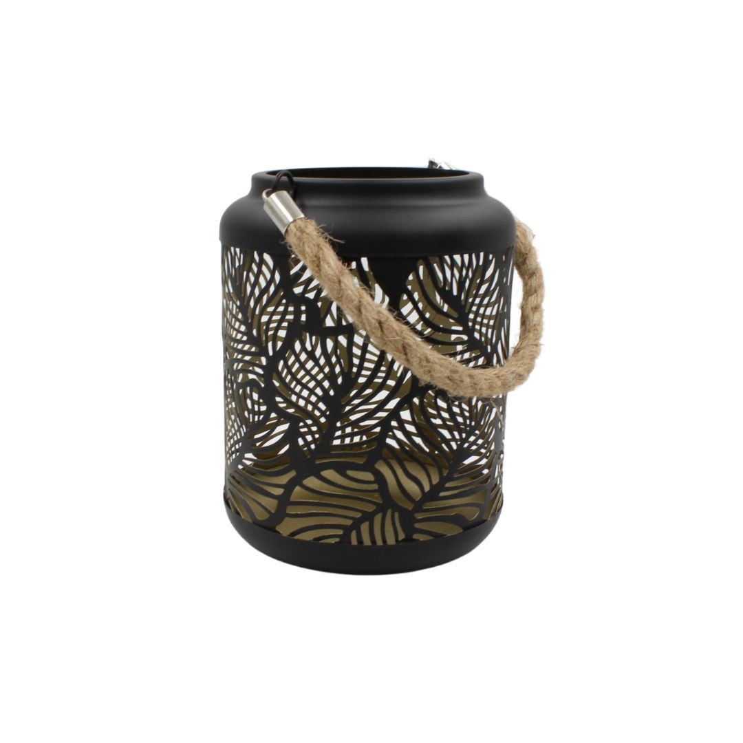 Felinar decorativ, din metal, cu model abstract de frunze și mâner din sfoară, 17 cm, Arti Casa