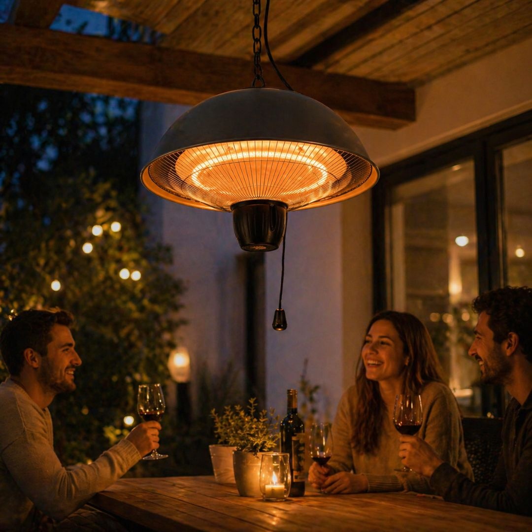 Încălzitor terasă suspendat 1500W, halogen, pentru exterior/interior – lampă încălzire tavan, IP24, montaj pe lanț