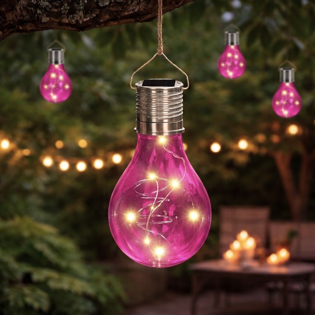 Lampă solară în formă de bec roz transparent, LED, pentru grădină,…