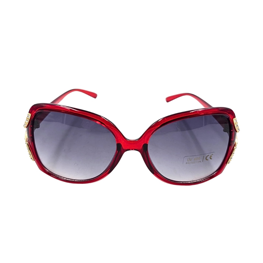 Ochelari de soare damă, Tiara, ramă roșie lucioasă, formă fluture, detalii aurii, lentile fumurii, protecție UV 400